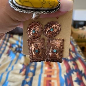Brand new gold and turquoise Concho studded earrings